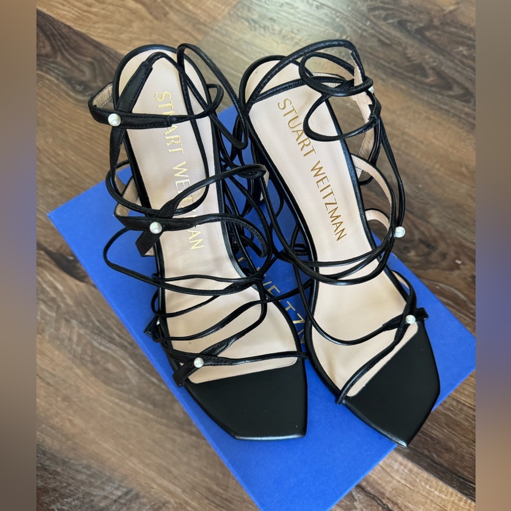 Stuart Weitzman Black Strappy Heels with Pearl Accents